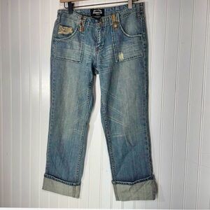 Vtg Squeeze Jeans Y2K Low Rise Lace Plaid Patchwork Distressed Crop Capris 7